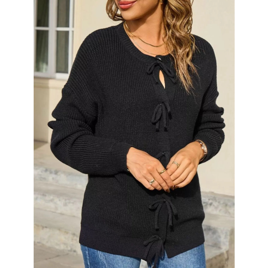 Ribbed Knit Bow-Tie Cardigan Apparel and Accessories