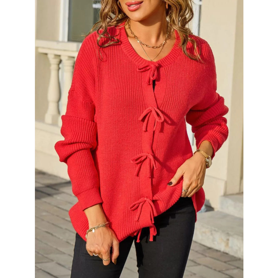 Ribbed Knit Bow-Tie Cardigan Apparel and Accessories