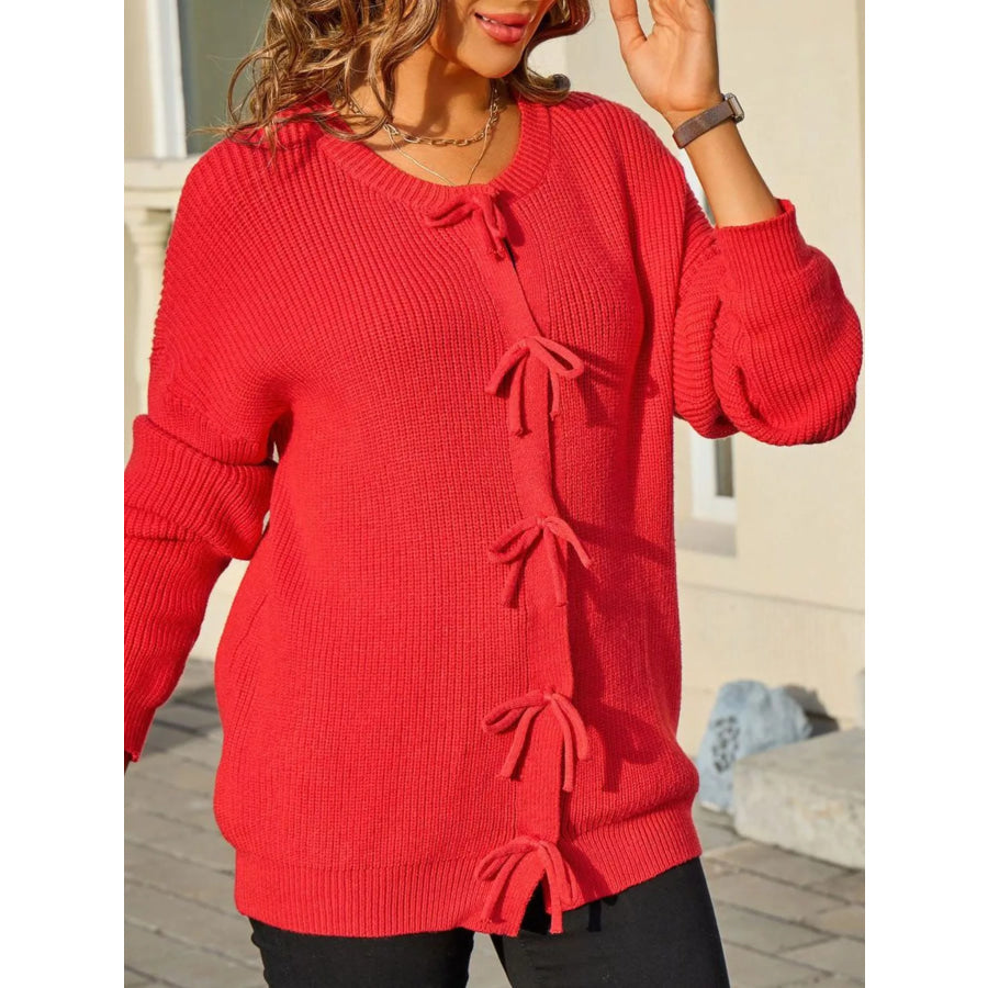 Ribbed Knit Bow-Tie Cardigan Apparel and Accessories