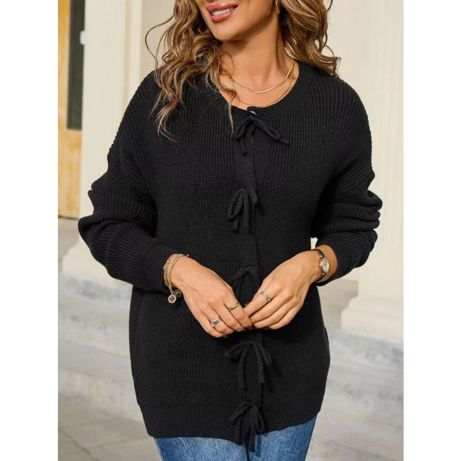 Ribbed Knit Bow-Tie Cardigan Black / S Apparel and Accessories
