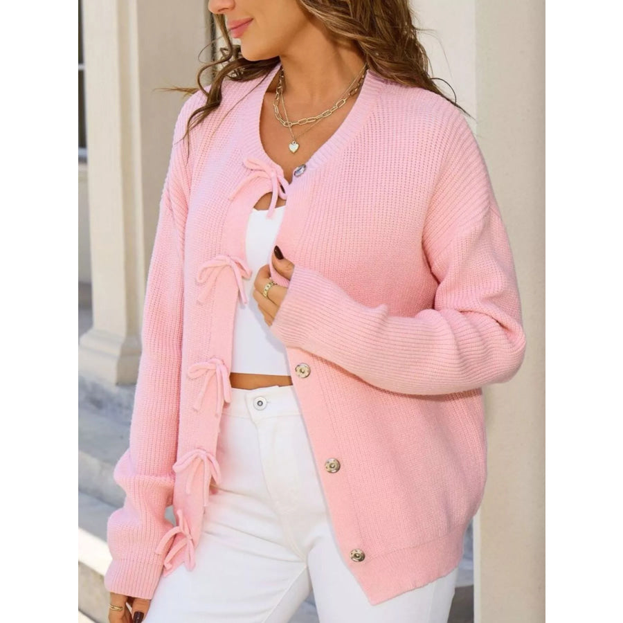 Ribbed Knit Bow-Tie Cardigan Pink / S Apparel and Accessories