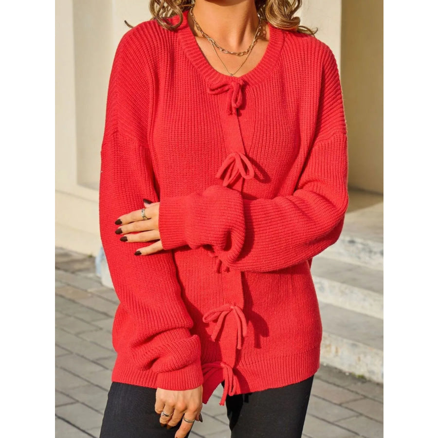 Ribbed Knit Bow-Tie Cardigan Red / S Apparel and Accessories