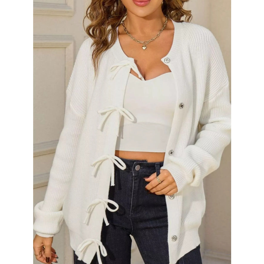 Ribbed Knit Bow-Tie Cardigan White / S Apparel and Accessories