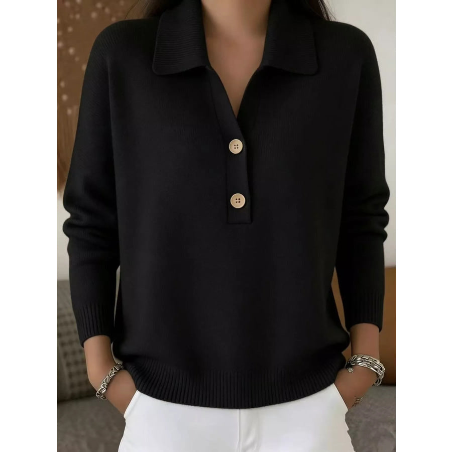 Ribbed Knit Button Detail Sweater Black / S