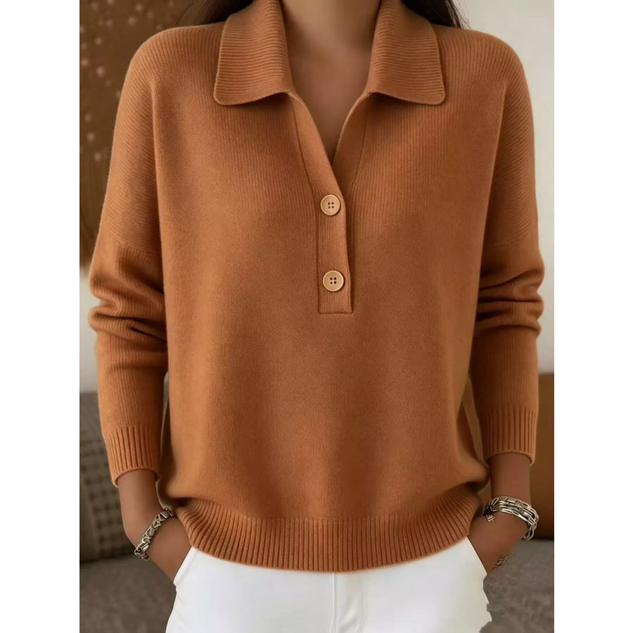 Ribbed Knit Button Detail Sweater Brown / S