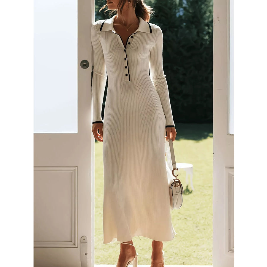 Ribbed Knit Button Detail Sweater Dress Beige / S Apparel and Accessories