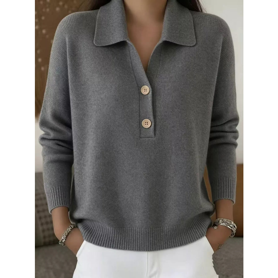 Ribbed Knit Button Detail Sweater Grey / S