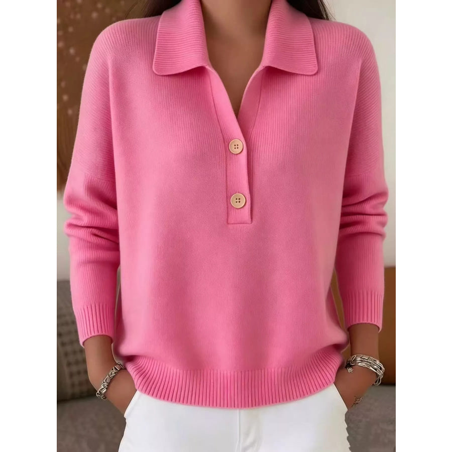 Ribbed Knit Button Detail Sweater Rose Red / S