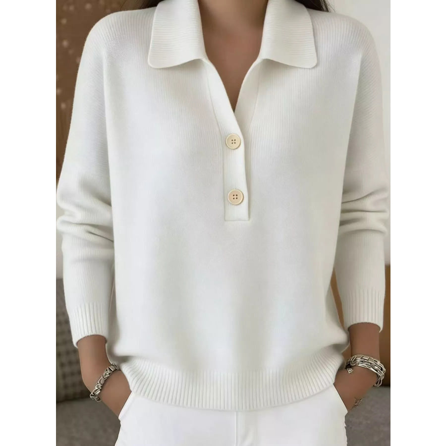 Ribbed Knit Button Detail Sweater White / S