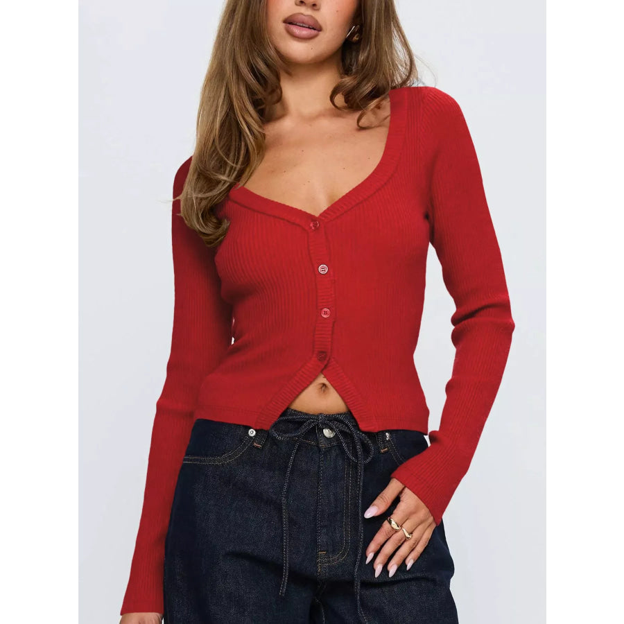 Ribbed Knit Button-Down Cardigan Apparel and Accessories