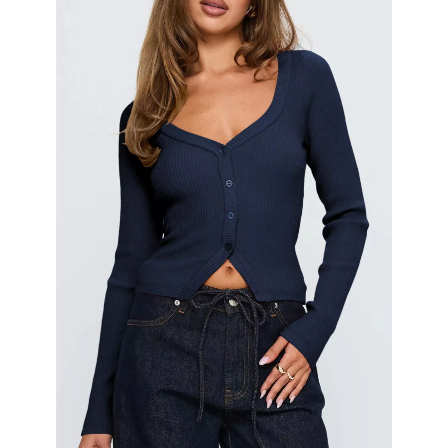 Ribbed Knit Button-Down Cardigan Apparel and Accessories