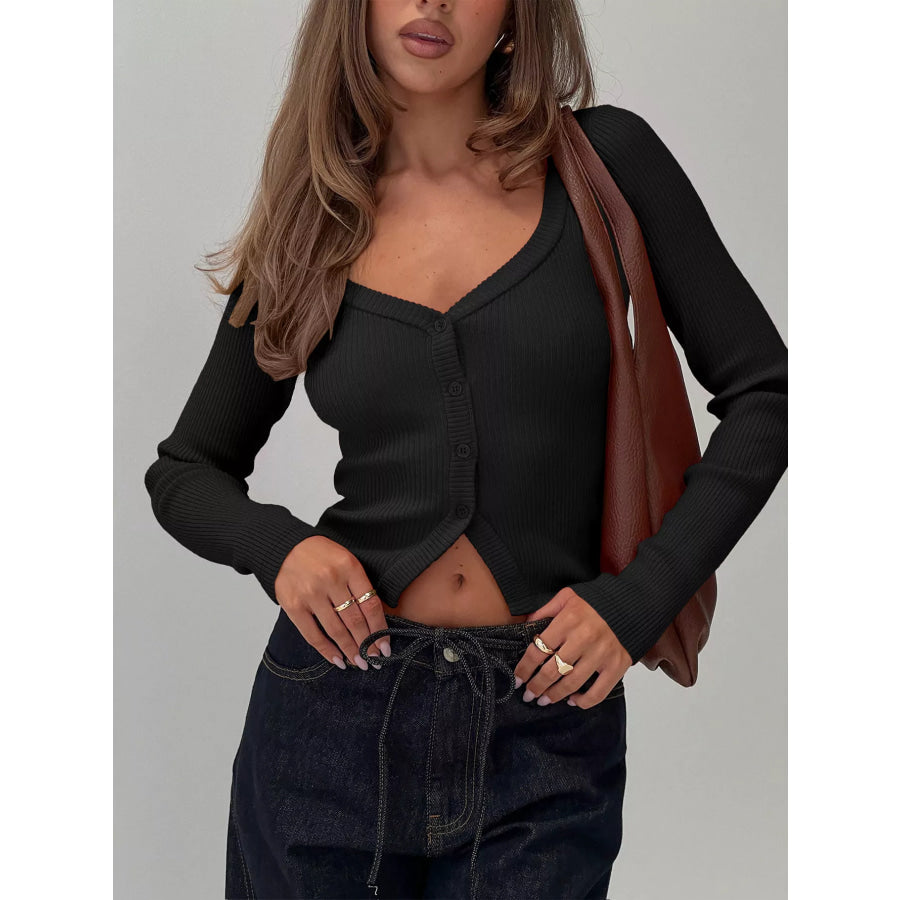 Ribbed Knit Button-Down Cardigan Black / S Apparel and Accessories