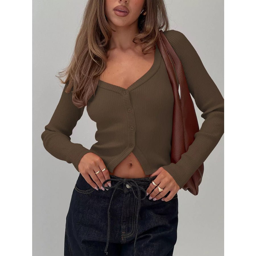 Ribbed Knit Button-Down Cardigan Coffee Brown / S Apparel and Accessories