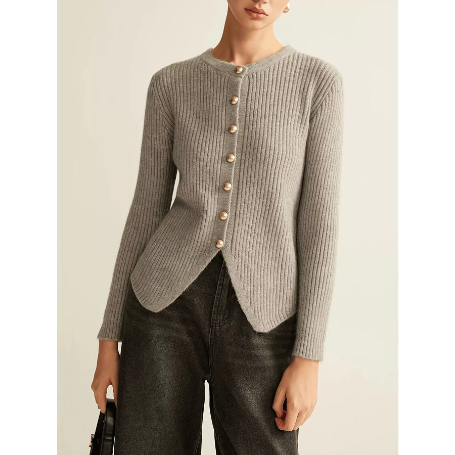 Ribbed Knit Button-Down Cardigan Gray / S Apparel and Accessories
