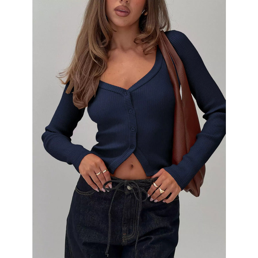 Ribbed Knit Button-Down Cardigan Navy / S Apparel and Accessories