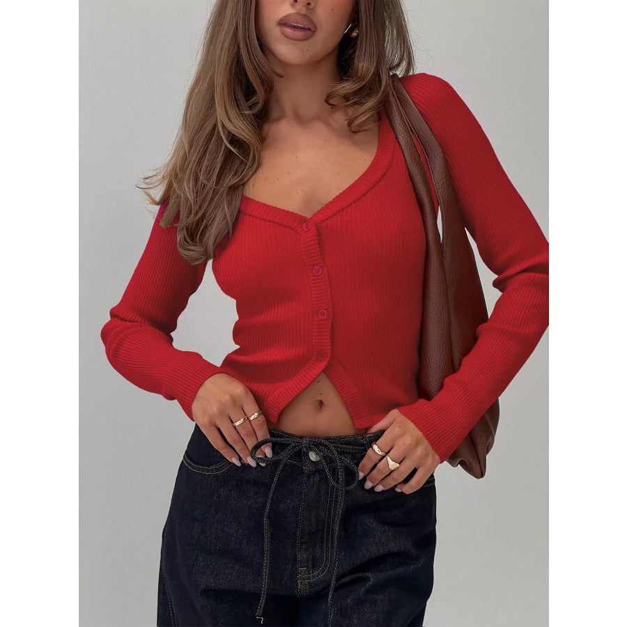 Ribbed Knit Button-Down Cardigan Scarlet / S Apparel and Accessories