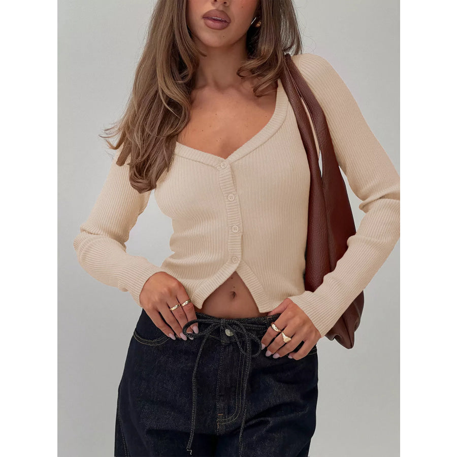 Ribbed Knit Button-Down Cardigan Tan / S Apparel and Accessories