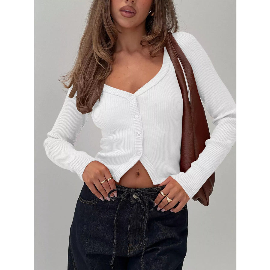 Ribbed Knit Button-Down Cardigan White / S Apparel and Accessories