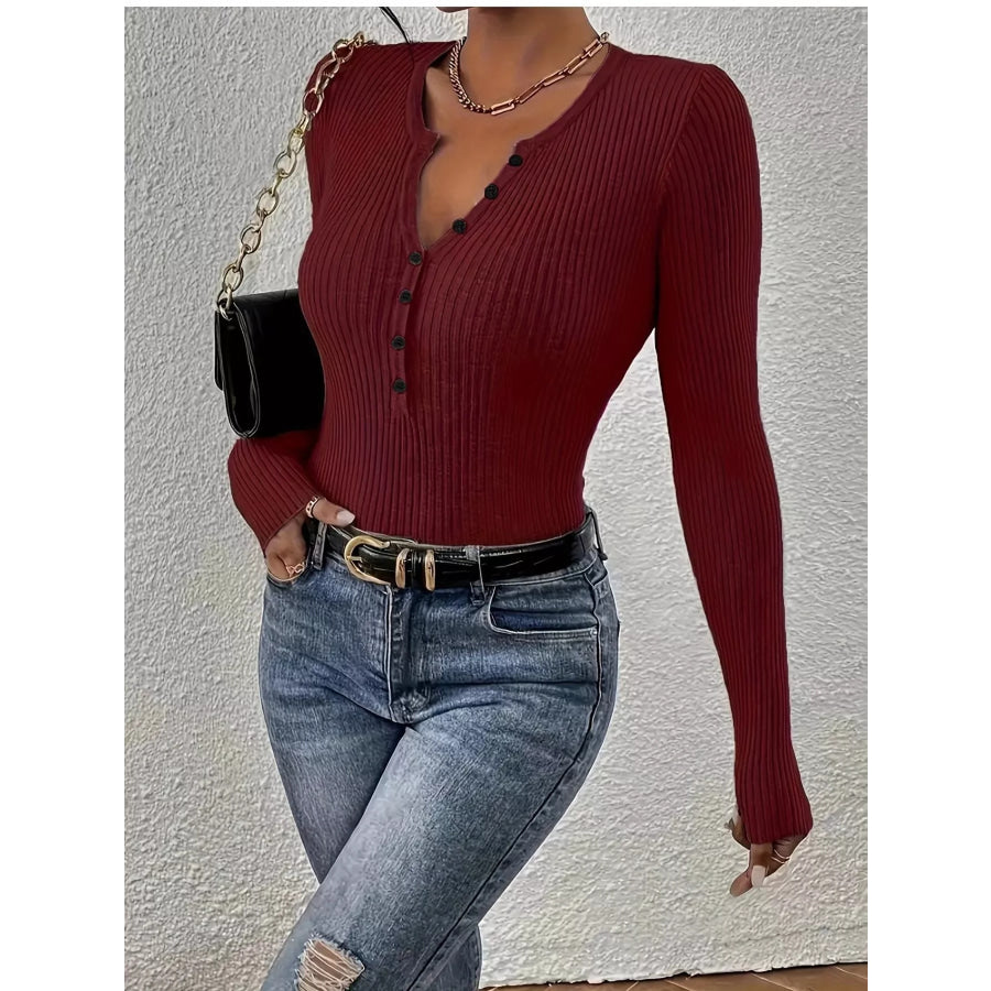Ribbed Knit Button Front Knit Top Apparel and Accessories