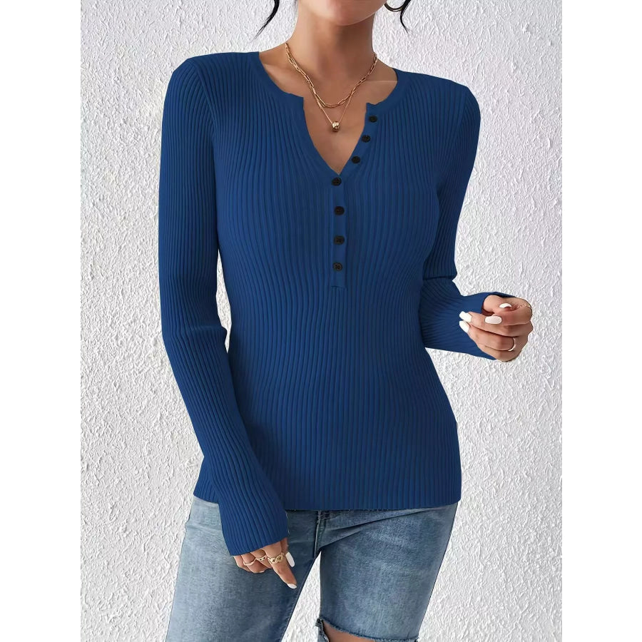 Ribbed Knit Button Front Knit Top Apparel and Accessories