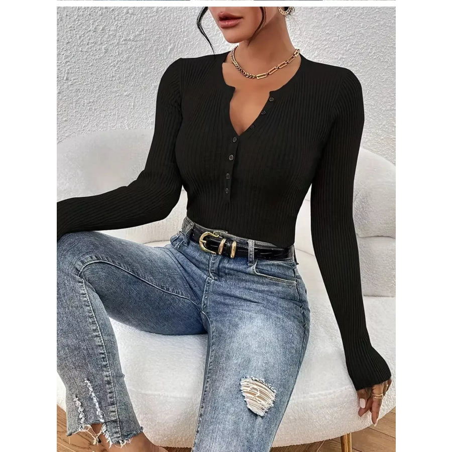 Ribbed Knit Button Front Knit Top Apparel and Accessories