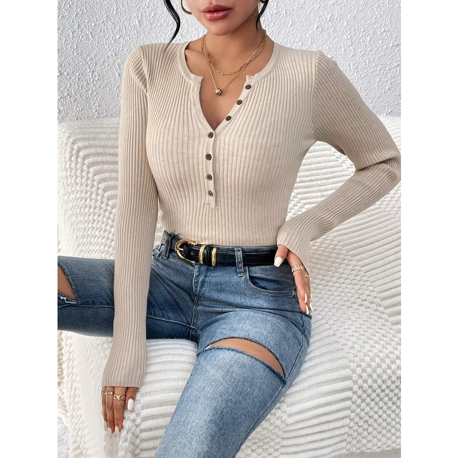 Ribbed Knit Button Front Knit Top Apparel and Accessories