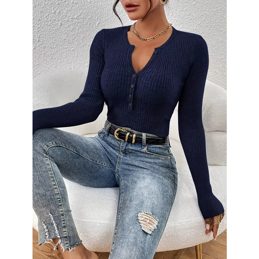 Ribbed Knit Button Front Knit Top Apparel and Accessories