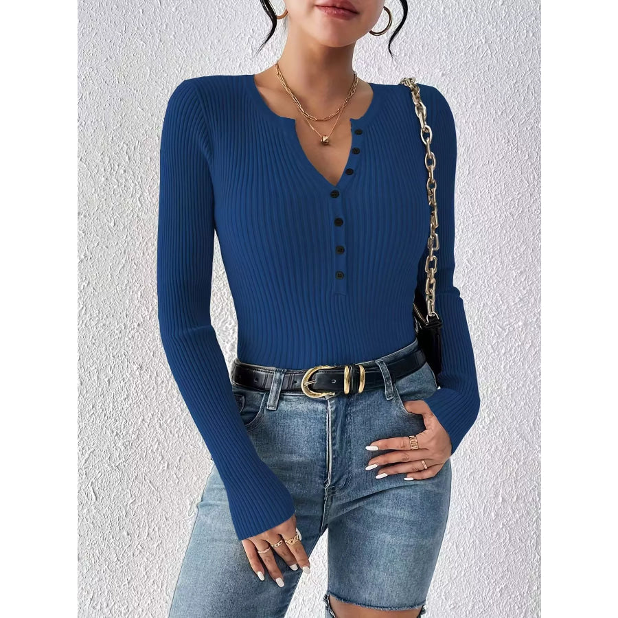 Ribbed Knit Button Front Knit Top Apparel and Accessories