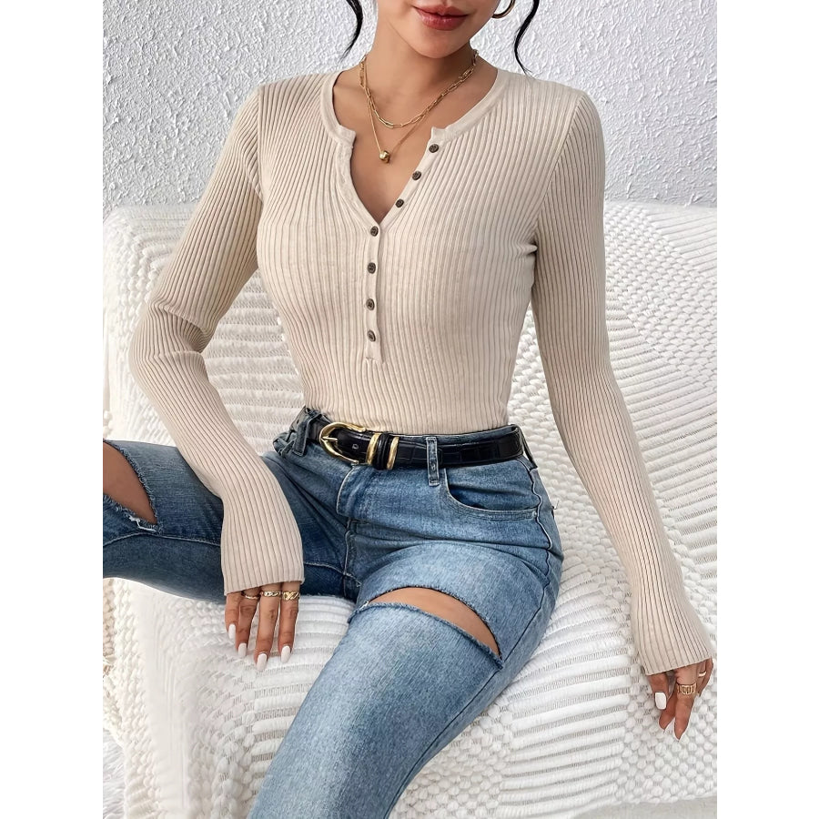 Ribbed Knit Button Front Knit Top Apparel and Accessories
