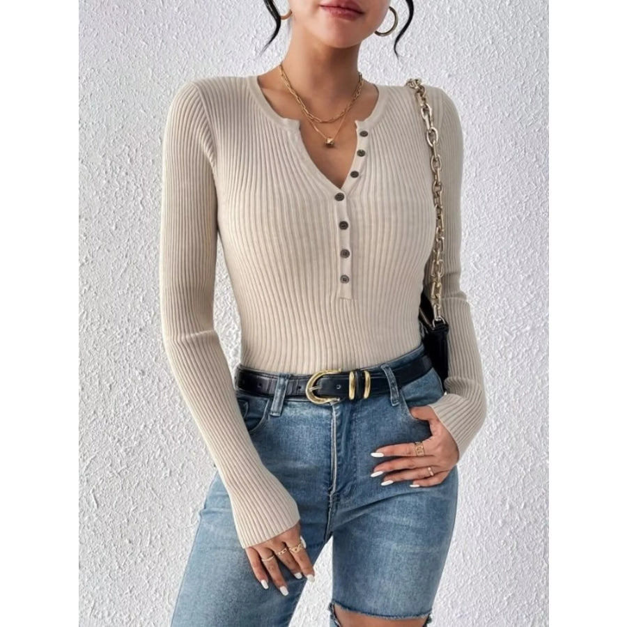Ribbed Knit Button Front Knit Top Apparel and Accessories