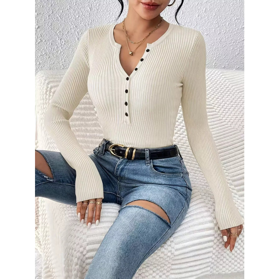 Ribbed Knit Button Front Knit Top Apparel and Accessories