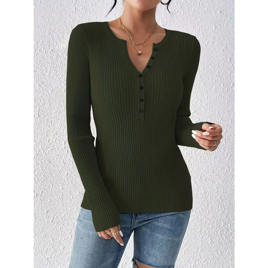 Ribbed Knit Button Front Knit Top Army Green / XS Apparel and Accessories