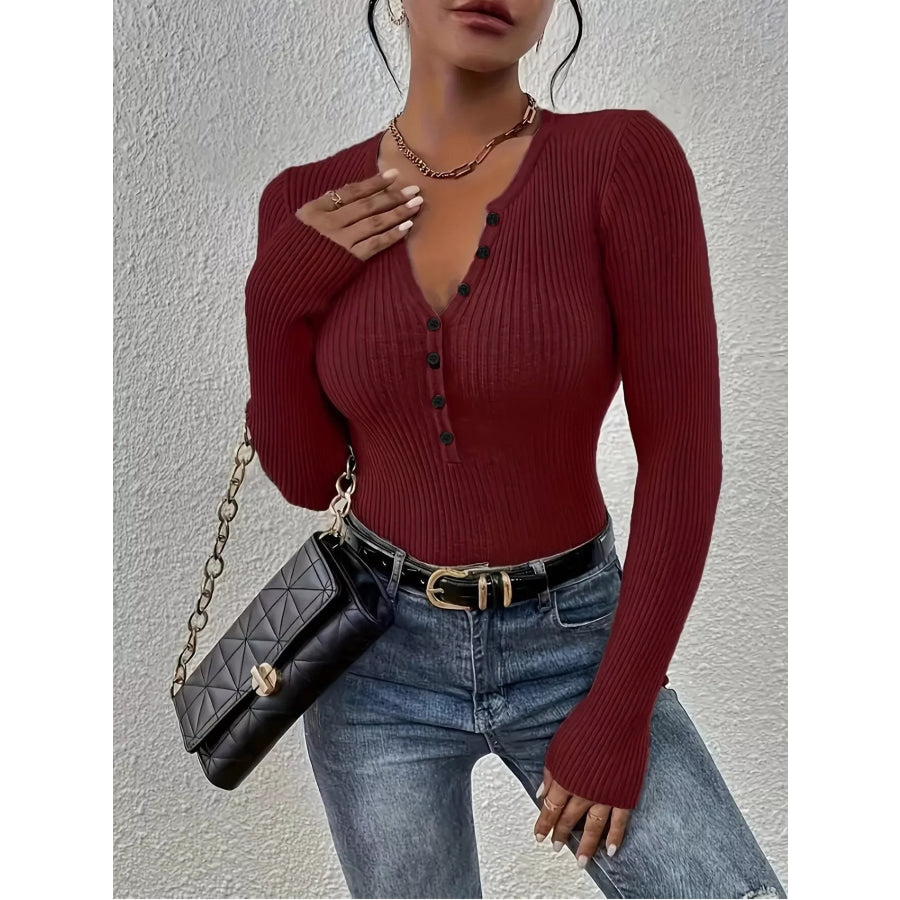 Ribbed Knit Button Front Knit Top Burgundy / XS Apparel and Accessories