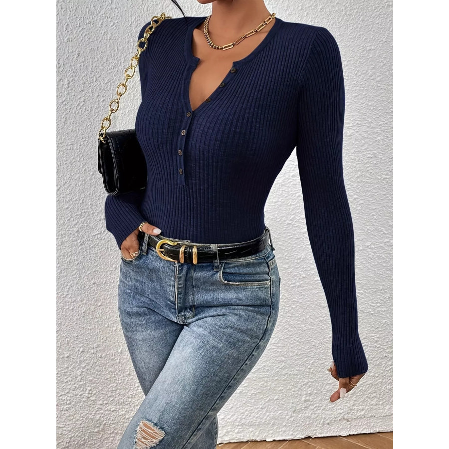 Ribbed Knit Button Front Knit Top Dark Blue / XS Apparel and Accessories