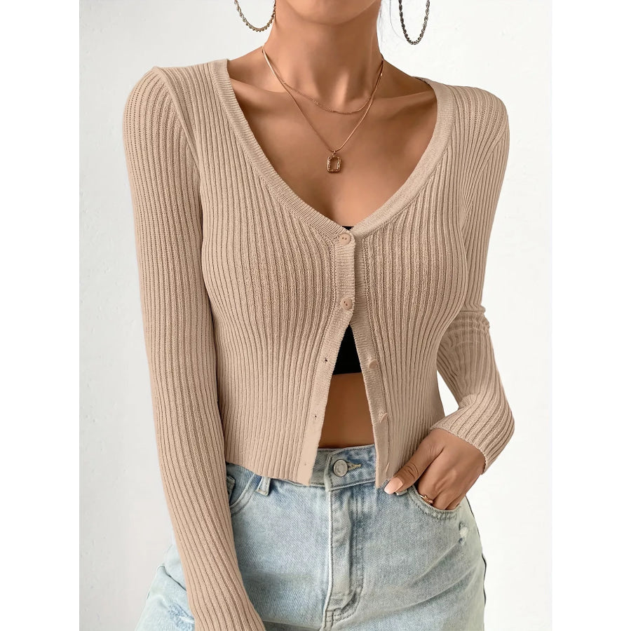 Ribbed Knit Button-Up Cardigan Dust Storm / S Apparel and Accessories