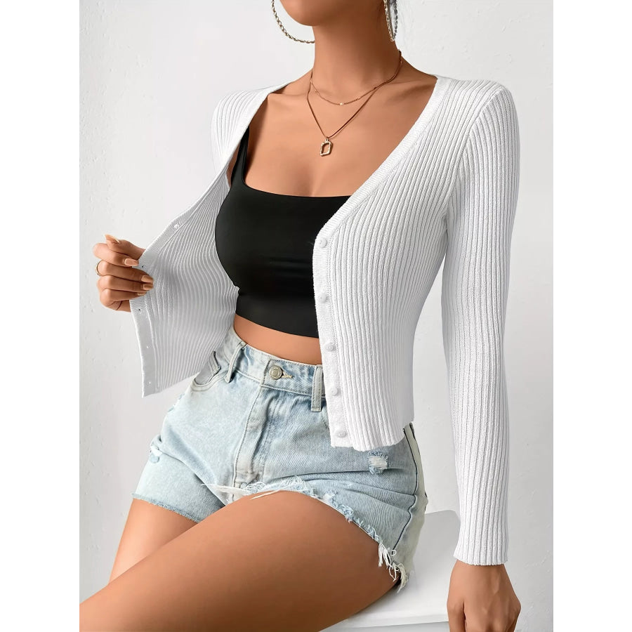 Ribbed Knit Button-Up Cardigan White / S Apparel and Accessories