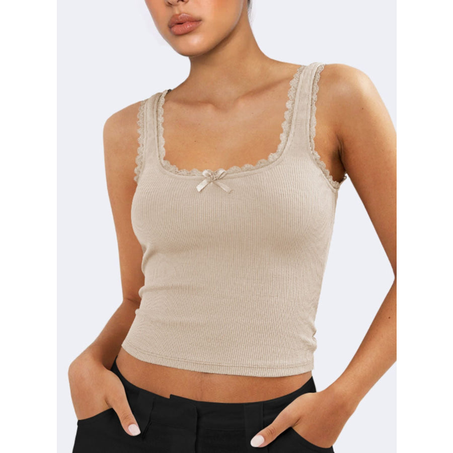 Ribbed Knit Cami Top with Lace Trim and Bow Apparel and Accessories