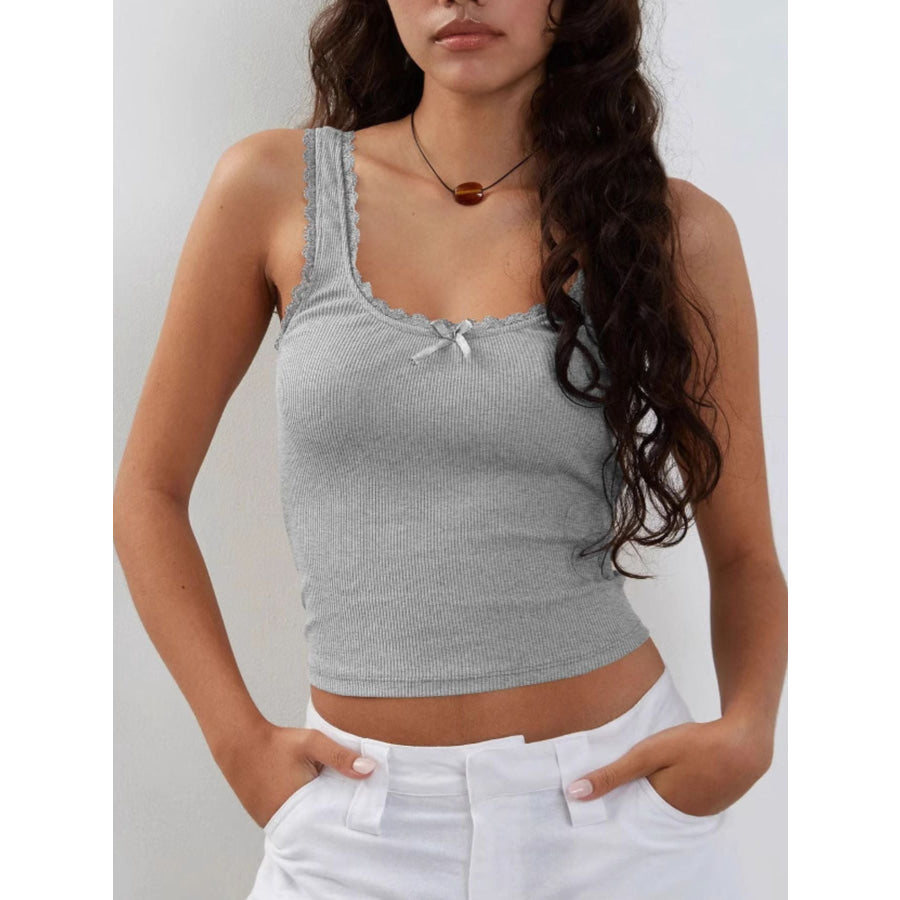 Ribbed Knit Cami Top with Lace Trim and Bow Apparel and Accessories
