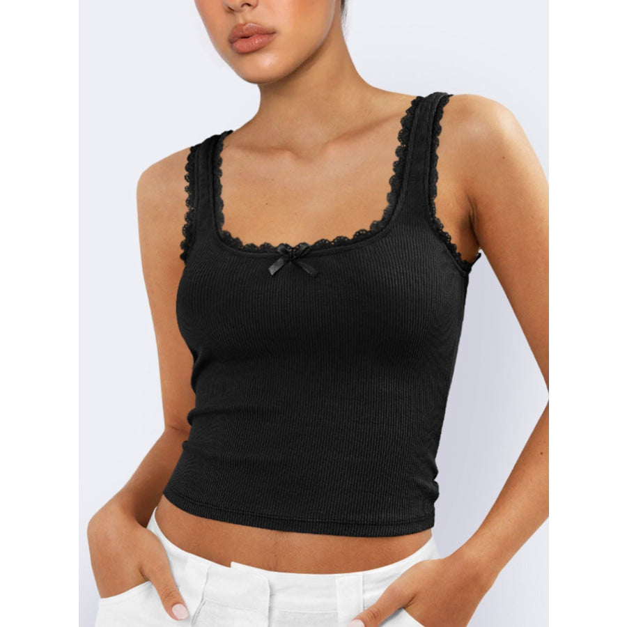 Ribbed Knit Cami Top with Lace Trim and Bow Apparel and Accessories