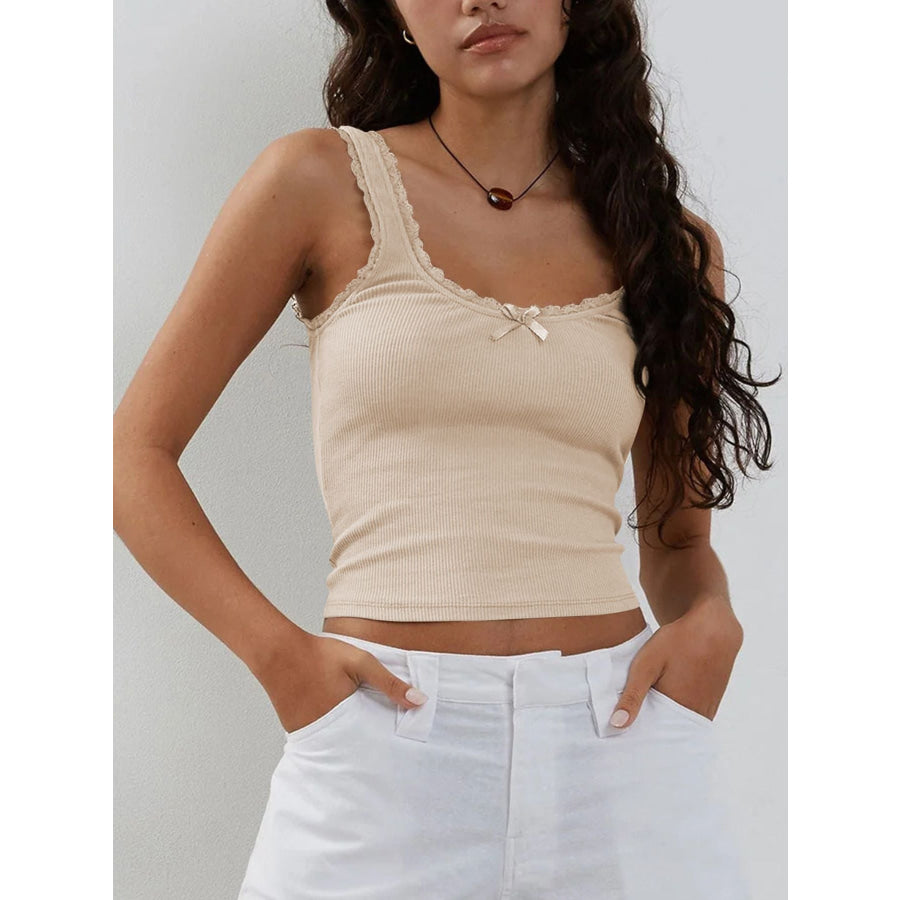 Ribbed Knit Cami Top with Lace Trim and Bow Tan / XS Apparel and Accessories