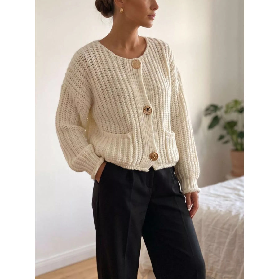 Ribbed Knit Cardigan with Gold-Tone Buttons Beige / S