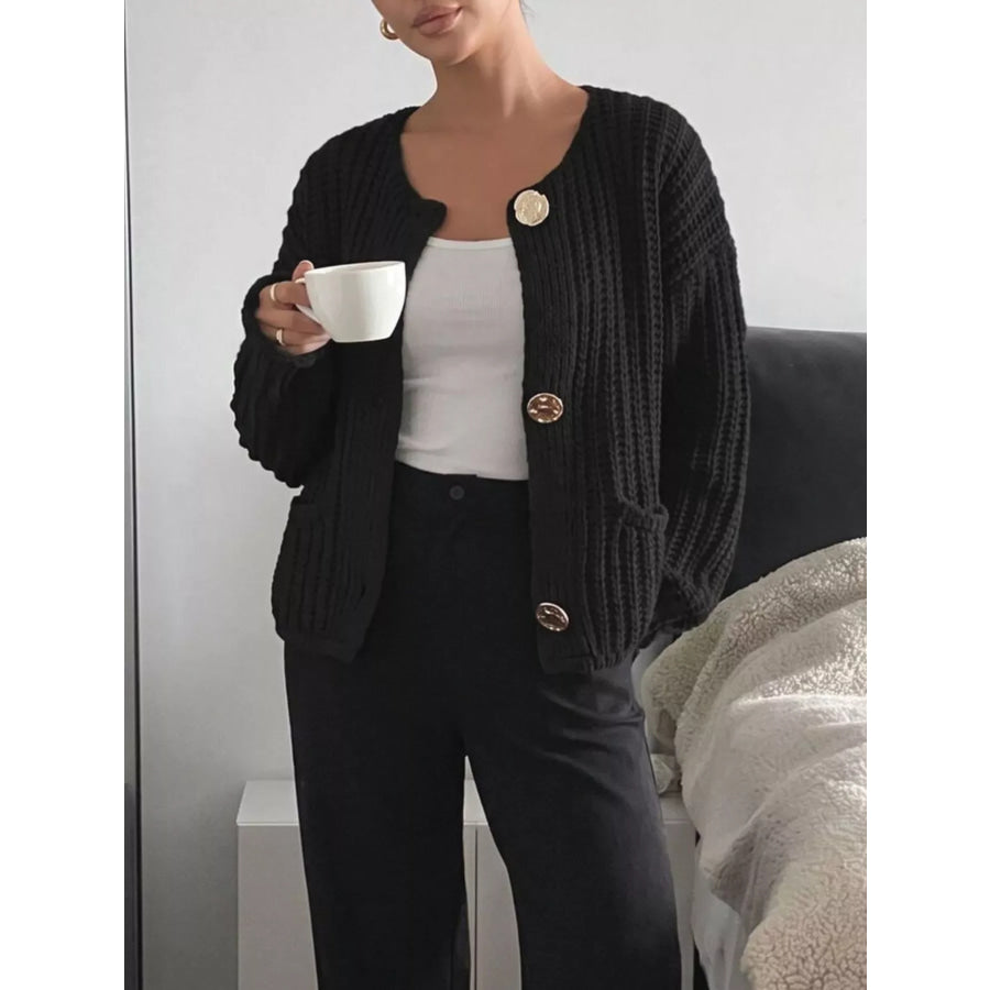 Ribbed Knit Cardigan with Gold-Tone Buttons Black / S