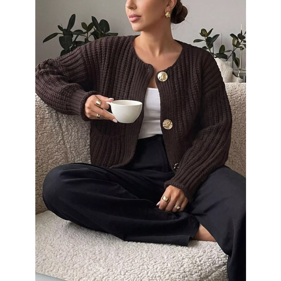 Ribbed Knit Cardigan with Gold-Tone Buttons Coffee Brown / S