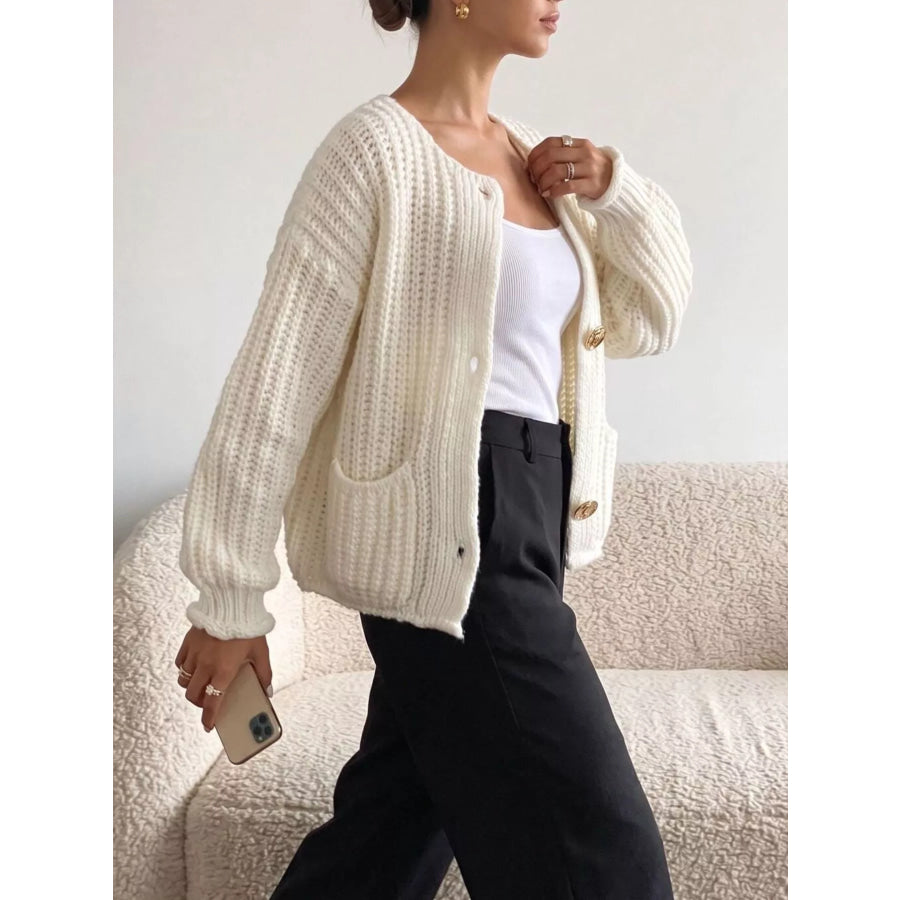 Ribbed Knit Cardigan with Gold-Tone Buttons