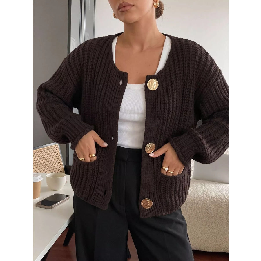 Ribbed Knit Cardigan with Gold-Tone Buttons