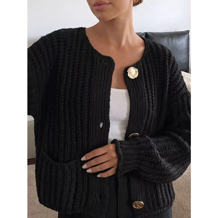 Ribbed Knit Cardigan with Gold-Tone Buttons