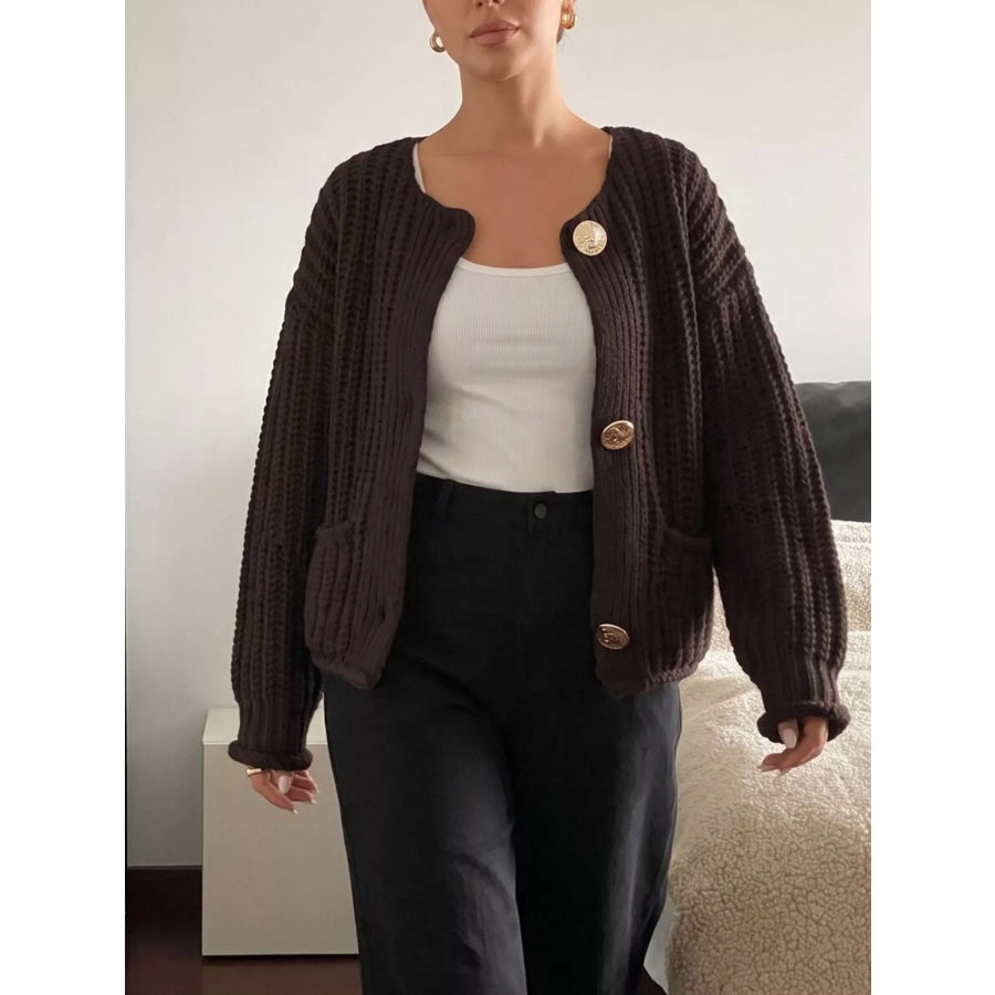 Ribbed Knit Cardigan with Gold-Tone Buttons