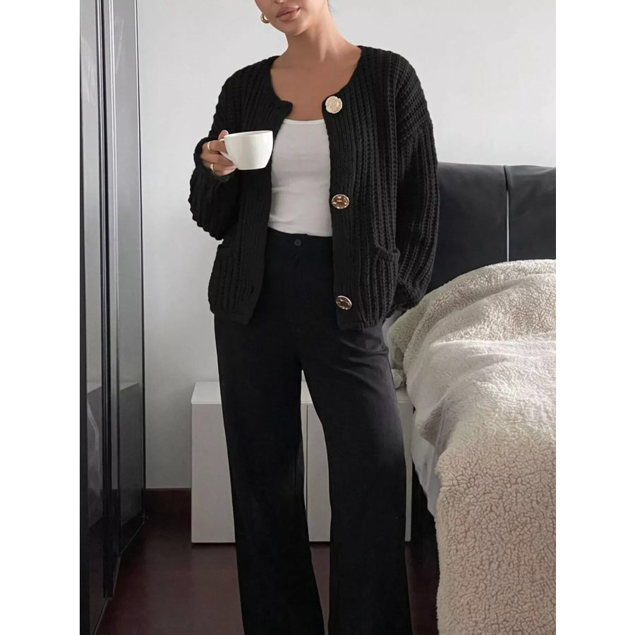 Ribbed Knit Cardigan with Gold-Tone Buttons