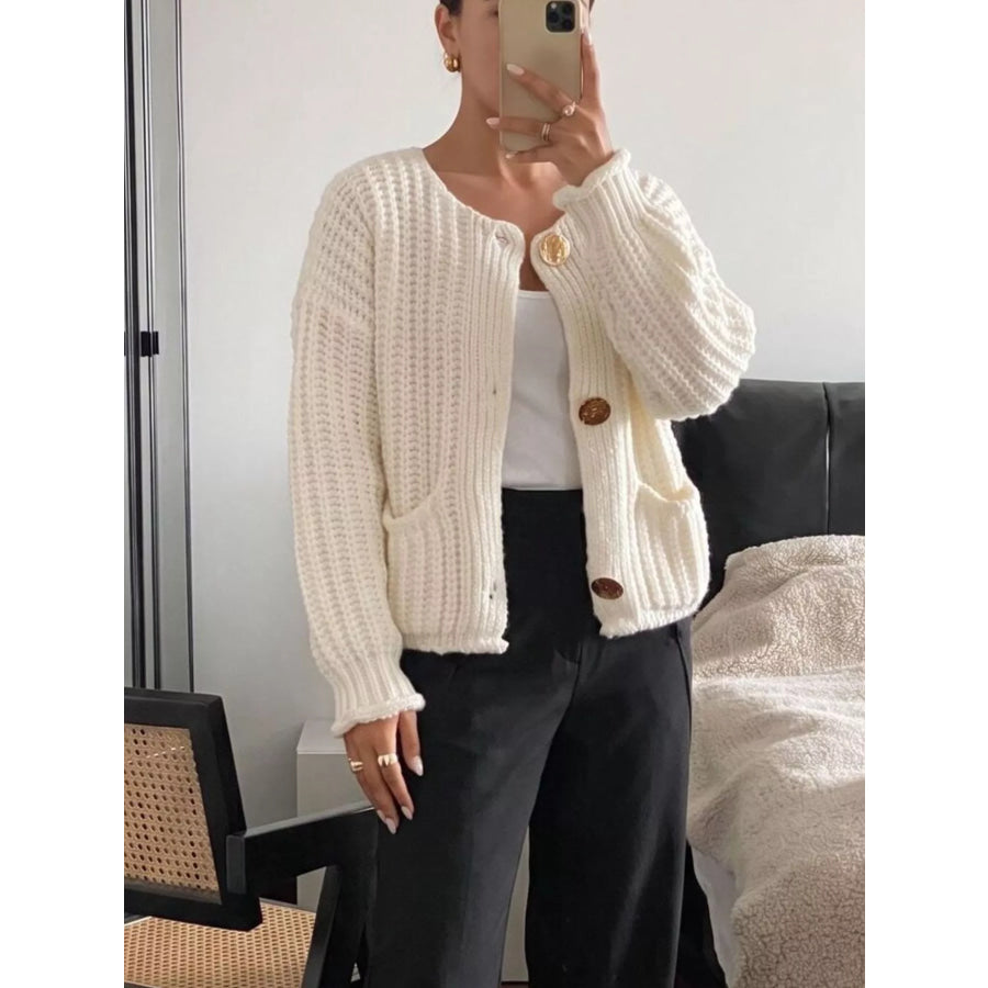Ribbed Knit Cardigan with Gold-Tone Buttons