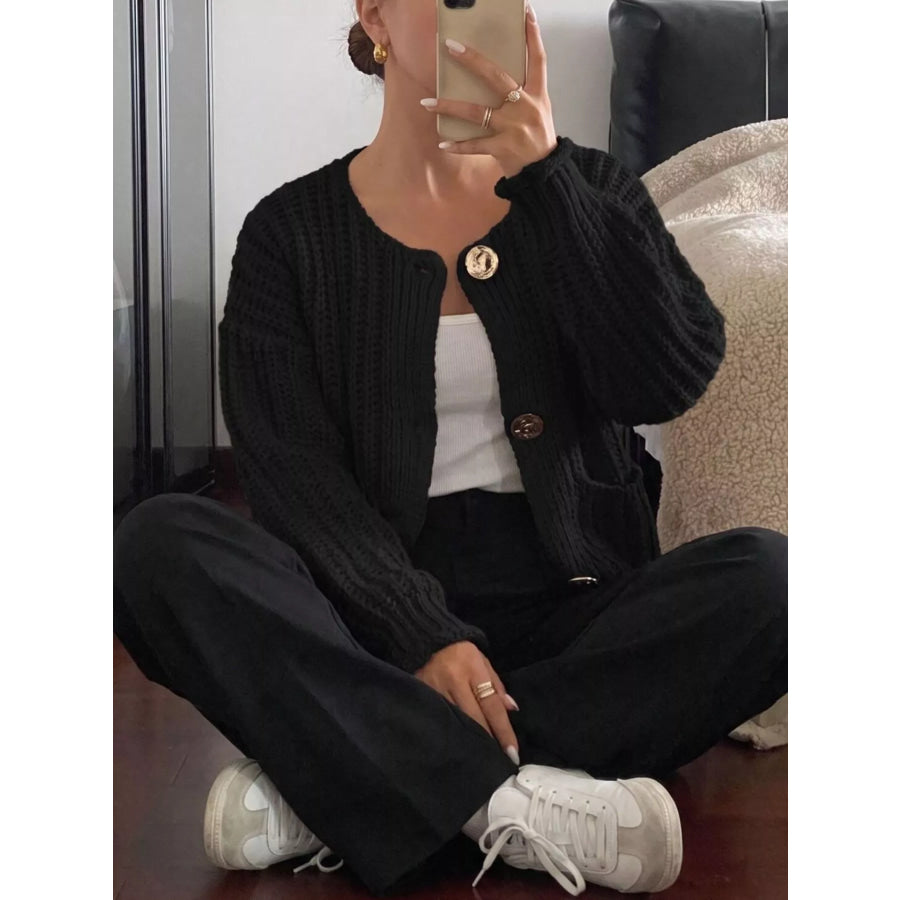 Ribbed Knit Cardigan with Gold-Tone Buttons